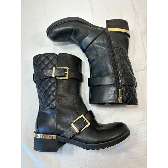 VINCE CAMUTO WILAMENA QUILTED BLACK LEATHER GOLD BUCKLES BIKER BOOTS Size 5.5 M - Picture 7 of 13